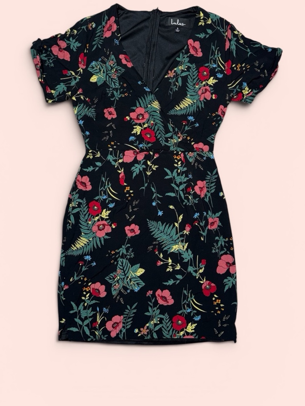 Lulu's Black Mini Dress with Pink & Red Floral Print